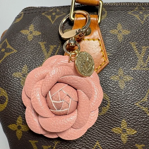 Pink Rose Flower Bag Charm Keychain PU (Vegan) Leather Gold Tone Hardware - Picture 2 of 6